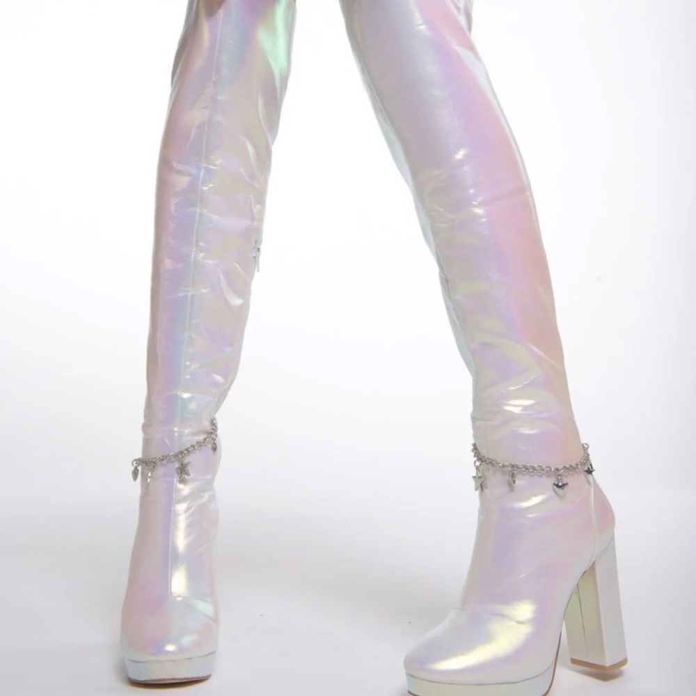 Thigh high iridescent boots